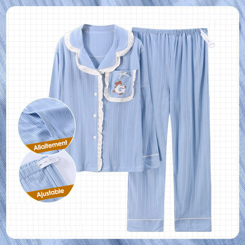 Lohsayamile – pyjama de maternité bleu, Robe de maternité pour allaitement,  ensemble avec motif de feuilles, livraison à domicile, 9046