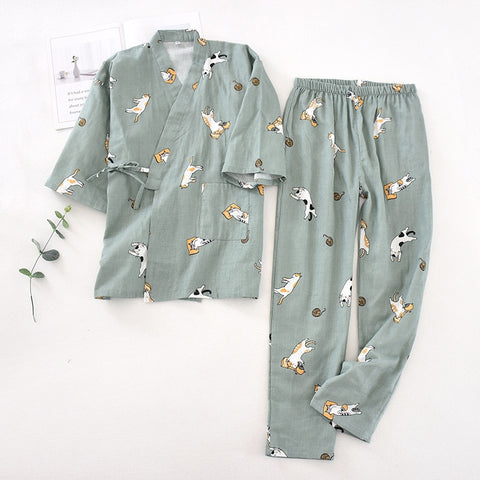 Pyjama Kimono Femme Motif Chat Vert