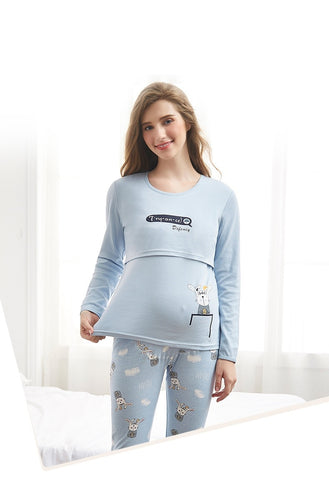 Pyjama de grossesse et d'allaitement en coton oeko-tex - Fuschia/Bleu -  Reste L