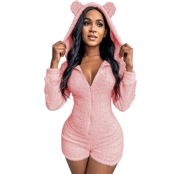 Combinaison Pyjama Femme En Flanelle à Capuche - Grenouillère Polaire Chaude Pour L'automne-hiver - 5