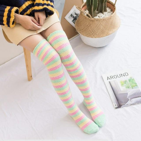Chaussettes Hautes Montantes Femmes - Coton, Rayées Multicolores, Renforcées Talon/orteil, Confortables